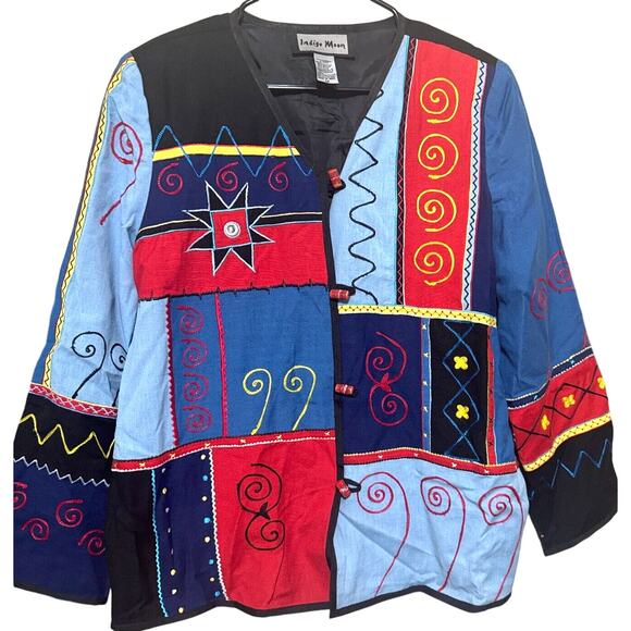 Indigo Moon Tapestry Jacket Flax Cotton blend Embroidery Patchwork artsy sz M - Picture 1 of 6